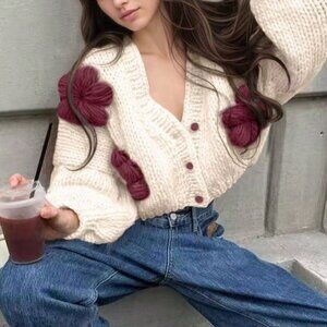 White And Red Boho Women's Jacquard Floral Patchwork Knit Cardigan